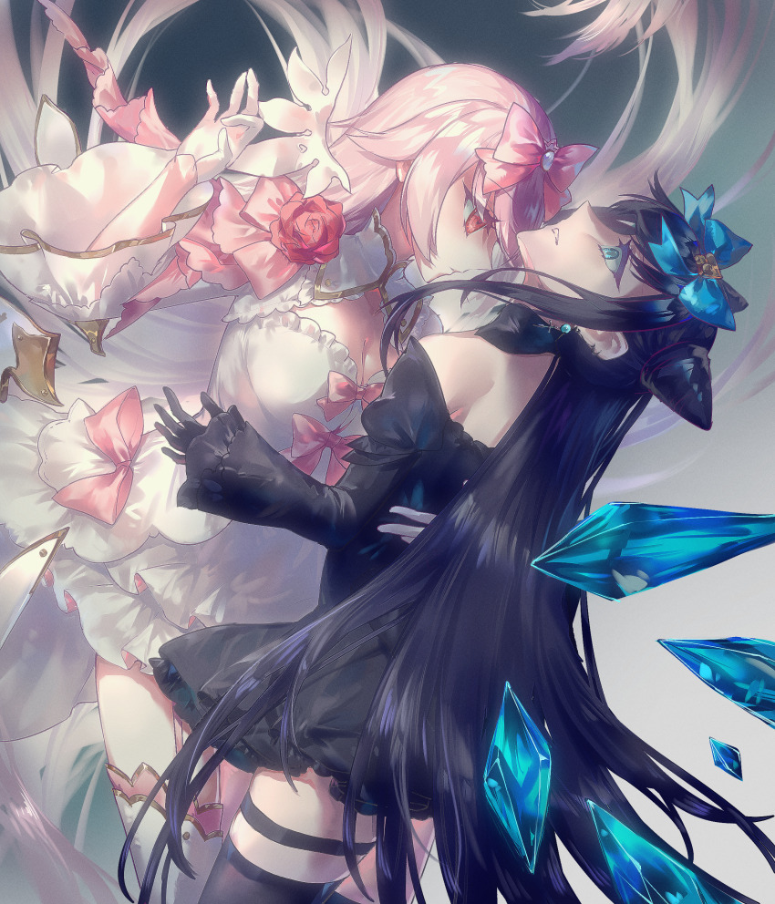 2girls, absurdres, arcaea, bow, breasts, bug, butterfly, cleavage