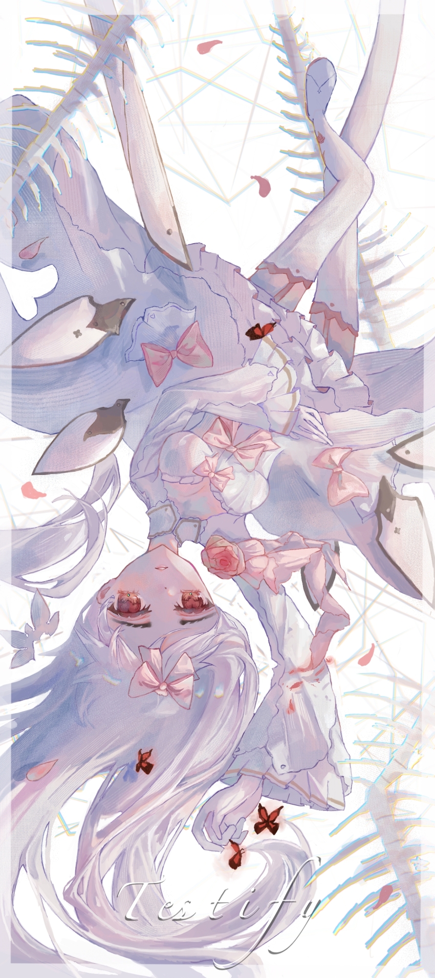 absurdres, arcaea, bow, breasts, bug, butterfly, cleavage, dress
