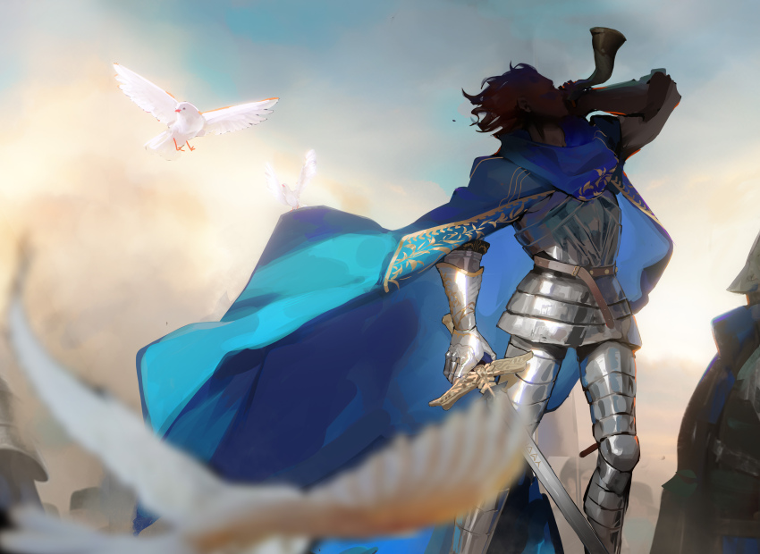1boy, a_knight_(reverse:1999), absurdres, akarinchan, armor, bird, blowing_horn, blue_cape