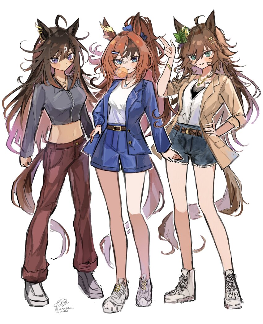 3girls, absurdres, animal_ears, blowing_bubbles, blush, breasts, bubble_gum_fellow_(casual)_(umamusume), bubble_gum_fellow_(umamusume)