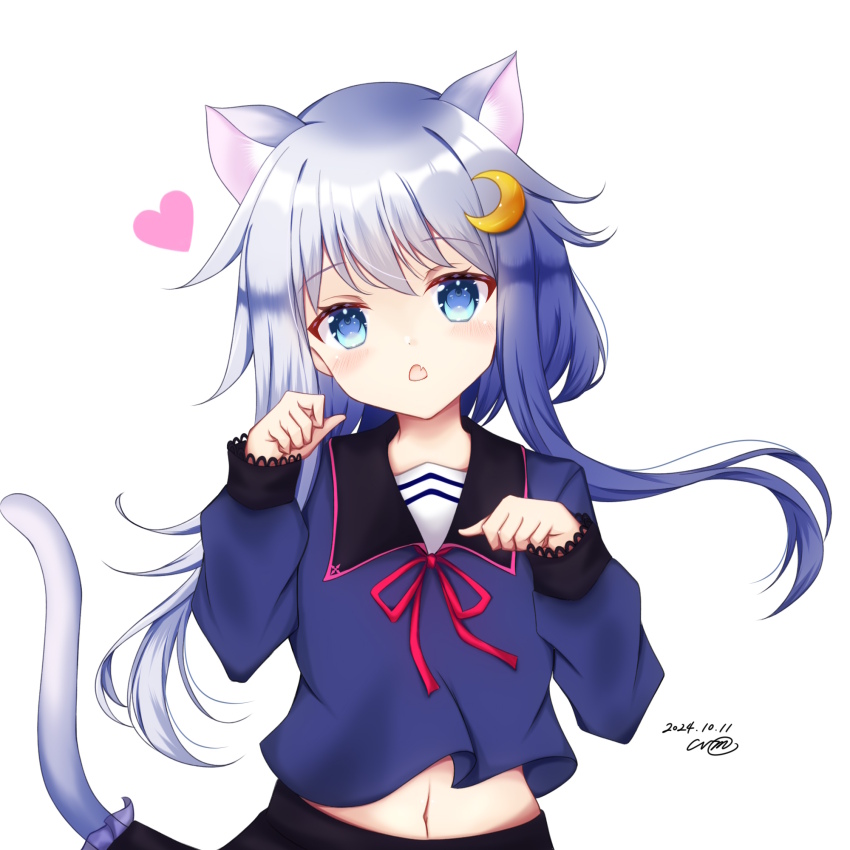 1girl, animal_ears, black_sailor_collar, black_skirt, blue_eyes, blue_shirt, cat_ears, cat_tail