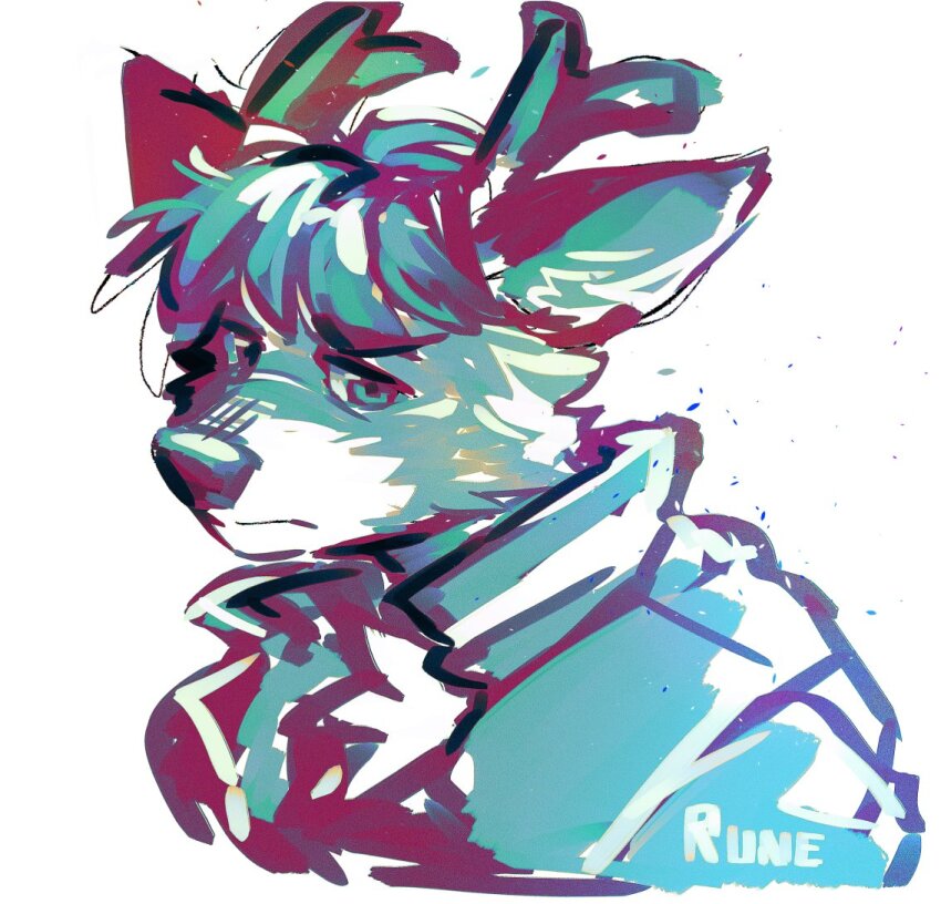 1boy, animal_ears, antlers, character_name, commentary, crimsonrabbit_(crimsonann), dawn_chorus, deer_antlers, deer_boy, deer_ears, english_commentary, furry, furry_male, horns, jacket, looking_down, male_focus, rune_(dawn_chrous), upper_body, white_background