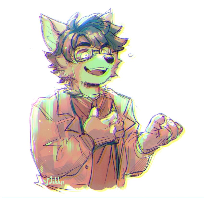 1boy, angry, animal_ears, black_hair, character_name, claws, commentary, constricted_pupils, crimsonrabbit_(crimsonann), dawn_chorus, english_commentary, fangs, furry, furry_male, glasses, hand_on_own_chest, highres, jacket, male_focus, mikko_(dawn_chorus), open_mouth, smile, white_background, wolf_boy, wolf_ears