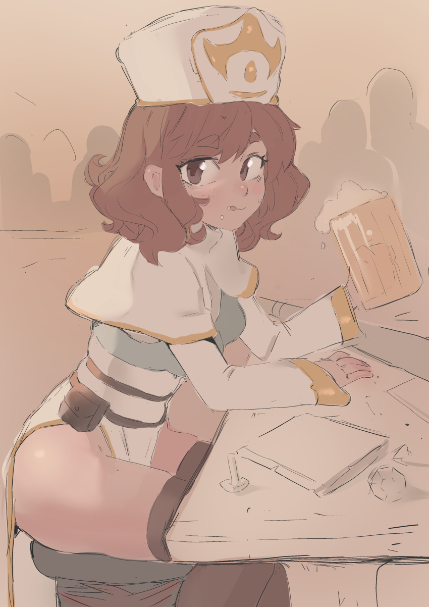 1girl, :p, absurdres, alternate_costume, ass, beer_mug, brown_hair, brown_thighhighs