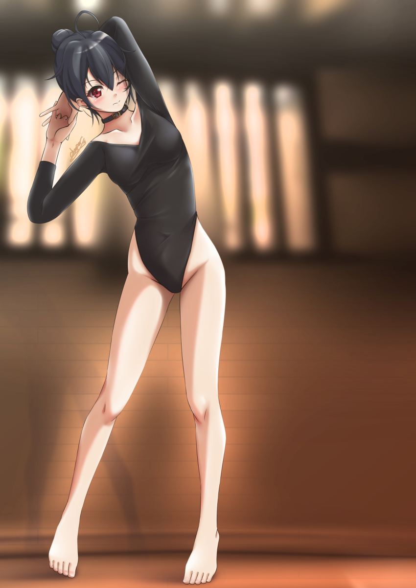 1girl, alternate_hairstyle, athletic_leotard, barefoot, black_choker, black_leotard, breasts, choker, chooper, chuunibyou_demo_koi_ga_shitai!, collarbone, commentary_request, commission, covered_navel, gymnastics, hair_bun, highleg, highleg_leotard, highres, leotard, long_sleeves, medium_breasts, one_eye_closed, pixiv_commission, short_hair, solo, stretching, takanashi_touka