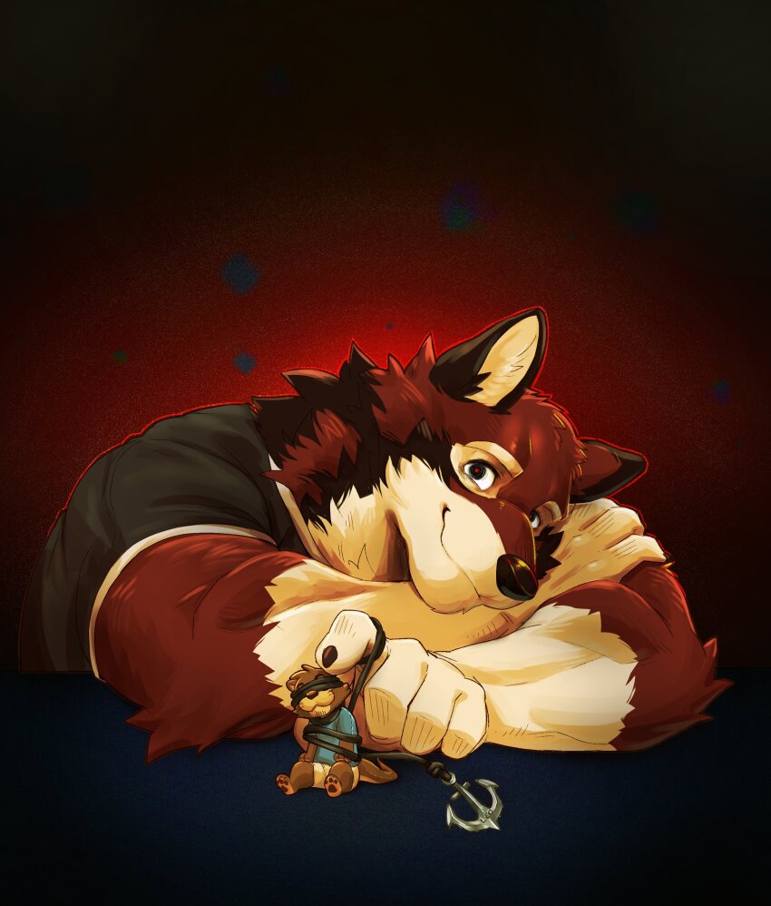 2boys, absurdres, anchor_bracelet, animal_ears, bara, black_shirt, blue_shirt, bound