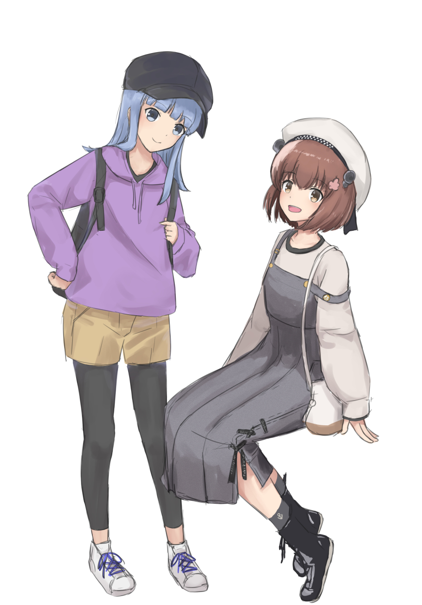 2girls, absurdres, alternate_costume, bag, beret, black_hat, blue_eyes, blue_hair