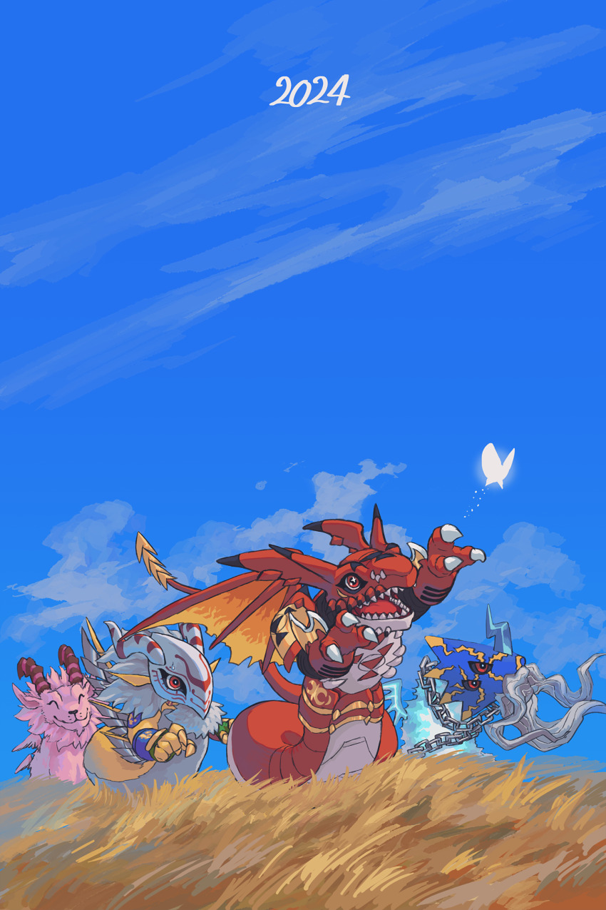 beard, chibi, digimon, facial_hair, four_great_dragons, goddramon, happy, highres