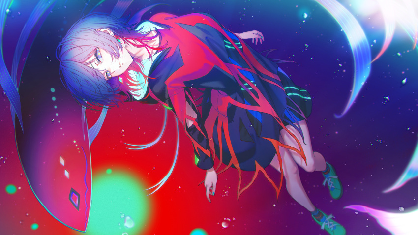 1girl, absurdres, air_bubble, bare_legs, black_dress, blue_hair, bubble, commentary_request