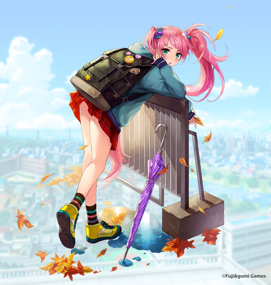 1girl, autumn_leaves, backpack, bag, bent_over, black_bag, blue_jacket, brown_socks