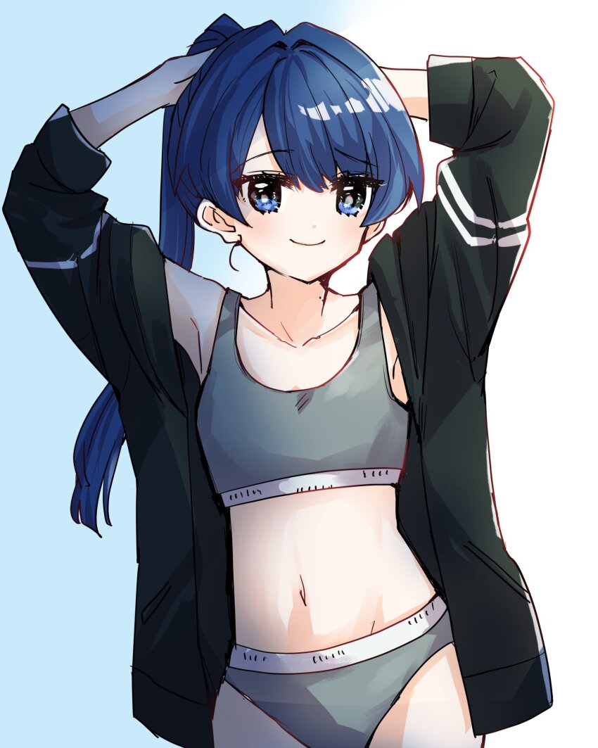 1girl, armpits, arms_up, blue_background, blue_eyes, blue_hair, borrowed_clothes, breasts, closed_mouth, collarbone, commentary_request, cowboy_shot, dark_blue_hair, gradient_background, grey_panties, grey_sports_bra, high_ponytail, highres, kanduki_kamibukuro, link!_like!_love_live!, long_hair, looking_at_viewer, love_live!, midriff, mole, mole_on_neck, murano_sayaka, navel, panties, ponytail, sidelighting, three-quarter_sleeves, small_breasts, smile, solo, sports_bra, two-tone_background, underwear, virtual_youtuber, white_background