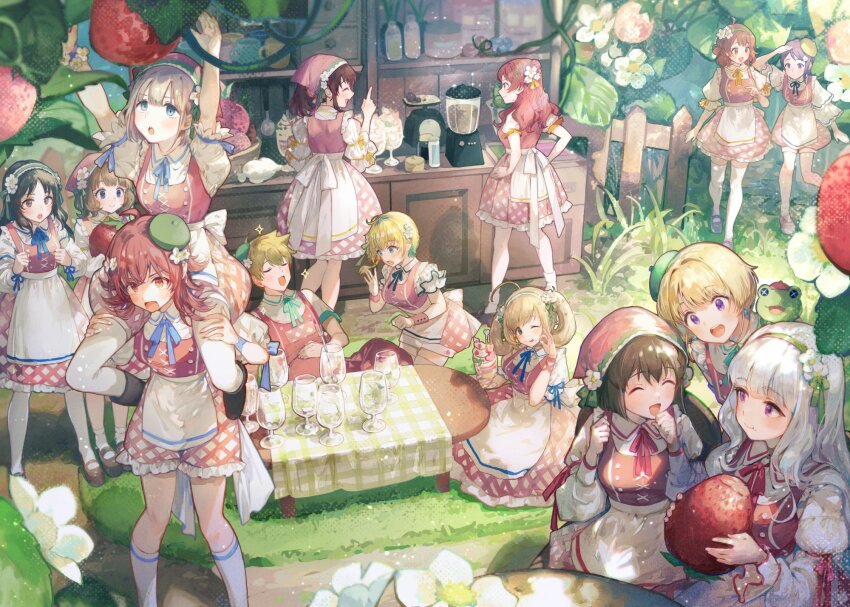 2boys, 6+girls, :d, :o, ^_^, ahoge, apron, aqua_eyes, arm_over_head, arms_up, beret, black_hair, black_ribbon, black_shoes, blender_(object), blonde_hair, blouse, blue_eyes, blue_hair, blue_ribbon, blush, branch, brown_eyes, brown_hair, buttons, carrying, character_request, check_character, closed_eyes, country_lolita, criss-cross_strings, cup, cupboard, drinking_glass, fence, flower, food, food_on_face, frills, fruit, full_stomach, gakuen_idolmaster, garden, gingham_clothes, gingham_shorts, gingham_skirt, gradient_hair, grass, green_ribbon, grey_hair, hagiwara_yukiho, hair_flower, hair_ornament, hairband, hanami_saki, hanami_ume, hand_to_own_mouth, hands_on_own_hips, hat, headscarf, highres, holding, holding_cup, holding_food, holding_fruit, idolmaster, idolmaster_(classic), idolmaster_cinderella_girls, idolmaster_dearly_stars, idolmaster_million_live!, idolmaster_shiny_colors, idolmaster_side-m, idolmaster_va-liv, in-franchise_crossover, juliet_sleeves, kaerre, kashiwagi_tsubasa, kitchen_scale, komiya_kaho, kuroda_kuroko, layered_sleeves, leaf, letora_(idolmaster), lolita_fashion, long_sleeves, medium_hair, mini_hat, mizutani_eri, multicolored_hair, multiple_boys, multiple_girls, open_mouth, outdoors, oversized_food, oversized_object, parfait, pierre_bichelberger, puffy_shorts, puffy_sleeves, purple_eyes, red_eyes, red_hair, red_ribbon, red_shorts, red_skirt, red_vest, ribbon, satake_minako, sato_shin, serizawa_asahi, shijou_takane, shirt, shoes, short_hair, shorts, shoulder_carry, skirt, smile, socks, strawberry, strawberry_parfait, stuffed_animal, stuffed_frog, stuffed_toy, suou_momoko, table, tablecloth, tachibana_arisu, thighhighs, twintails, vest, waist_apron, weighing_scale, white_flower, white_hair, white_shirt, white_socks, white_thighhighs, wooden_fence, yellow_ribbon