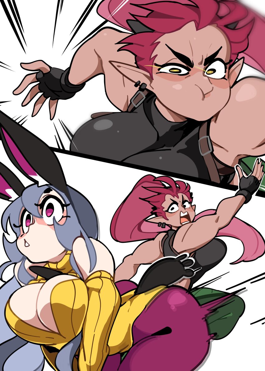 2girls, :o, absurdres, ali_(sotcho), armpits, ass, bongftah, bouncing_breasts, breasts, concentrating, crossover, dark-skinned_female, dark_skin, detached_sleeves, fingerless_gloves, gloves, grey_hair, highres, large_breasts, long_hair, multiple_girls, muscular, muscular_female, pink_eyes, playboy_bunny, pointy_ears, ponytail, rabbit_ears, red_hair, sotcho, spanked, spanking, surprised, tank_(bongfill), yellow_eyes, yuri