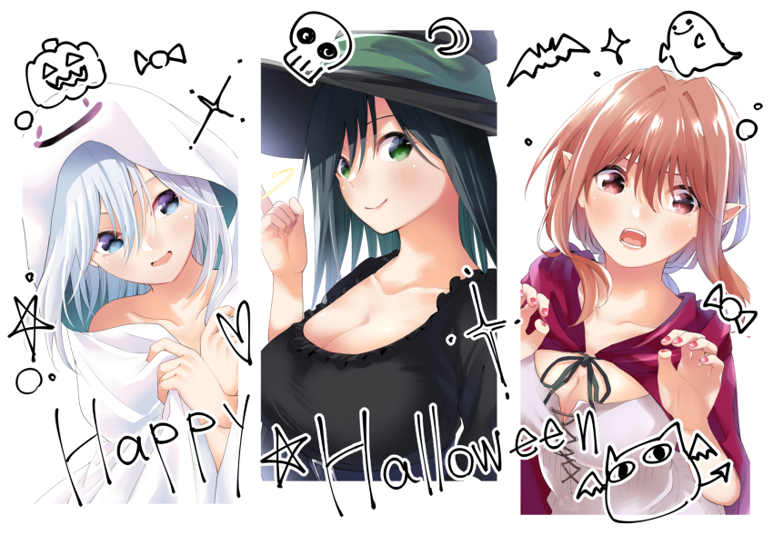 3girls, amagami-san_chi_no_enmusubi, amagami_asahi, amagami_yae, amagami_yuna, black_dress, blue_eyes, blue_hair, blush, breasts, cape, cleavage, closed_mouth, collarbone, dress, ghost_costume, green_eyes, green_hat, grey_hair, hair_intakes, halloween_costume, happy_halloween, hat, highres, hood, hood_up, kappa_costume, large_breasts, looking_at_viewer, marcey, medium_hair, multiple_girls, naked_costume, open_mouth, orange_eyes, orange_hair, pointy_ears, red_cape, sheet_ghost, shirt, siblings, signature, sisters, upper_body, white_shirt