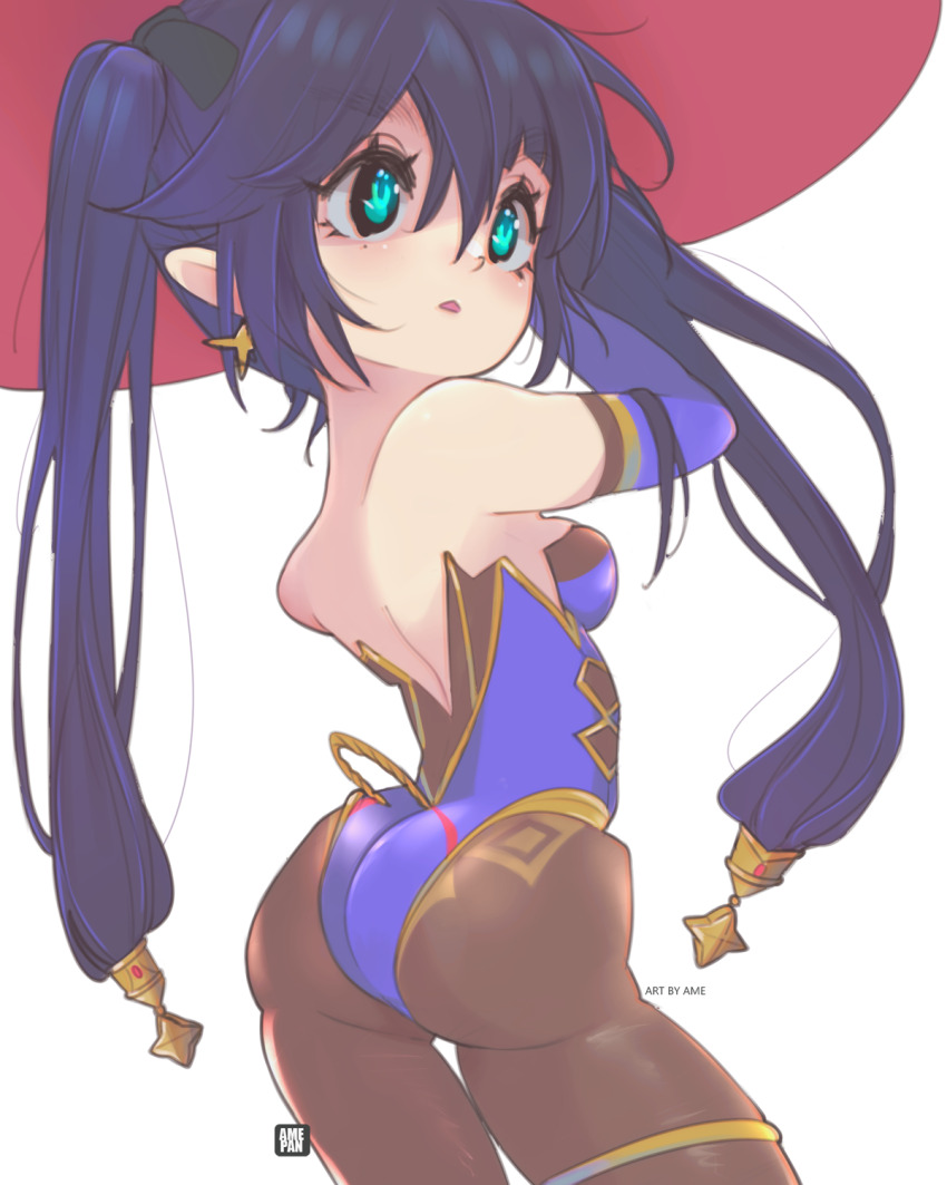 1girl, :o, aqua_eyes, arm_behind_head, ass, back, bare_shoulders, black_hair, chibi, detached_sleeves, earrings, genshin_impact, gold, hat, highres, jewelry, light_blush, long_hair, looking_to_the_side, mona_(genshin_impact), monaka_(food), pantyhose, twintails, white_background, witch_hat