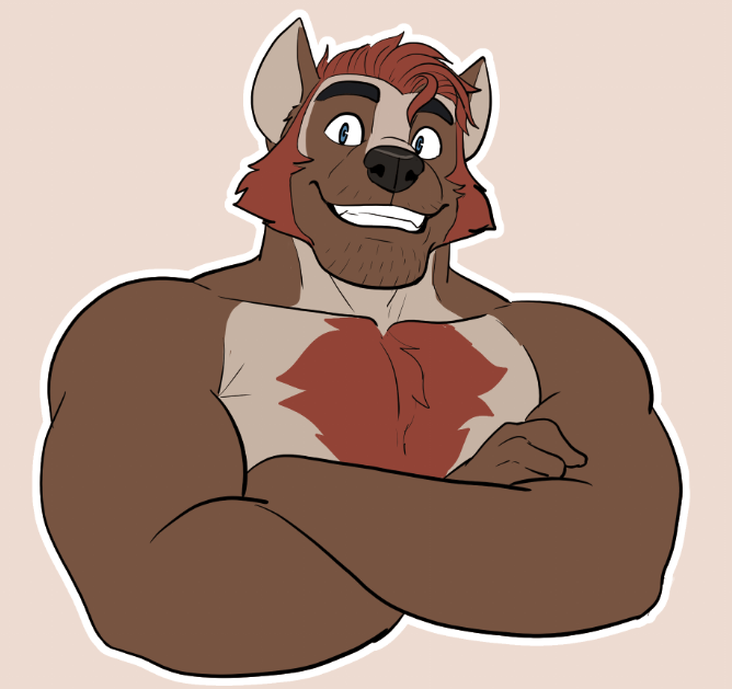 1boy, abs, animal_ears, bara, beard_stubble, chest_hair, commentary, crossed_arms, english_commentary, facial_hair, furry, furry_male, goatee_stubble, green_eyes, looking_at_viewer, maccon_(socially_awkward), male_focus, monchimutt, muscular, muscular_male, orange_hair, pectorals, smile, socially_awkward, stubble, topless_male, upper_body, wolf_boy, wolf_ears