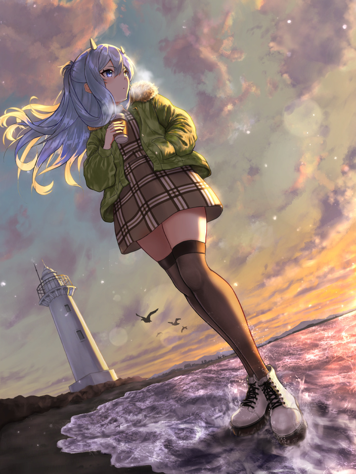 1girl, bird, black_thighhighs, blue_eyes, blue_hair, brown_dress, cup, disposable_coffee_cup