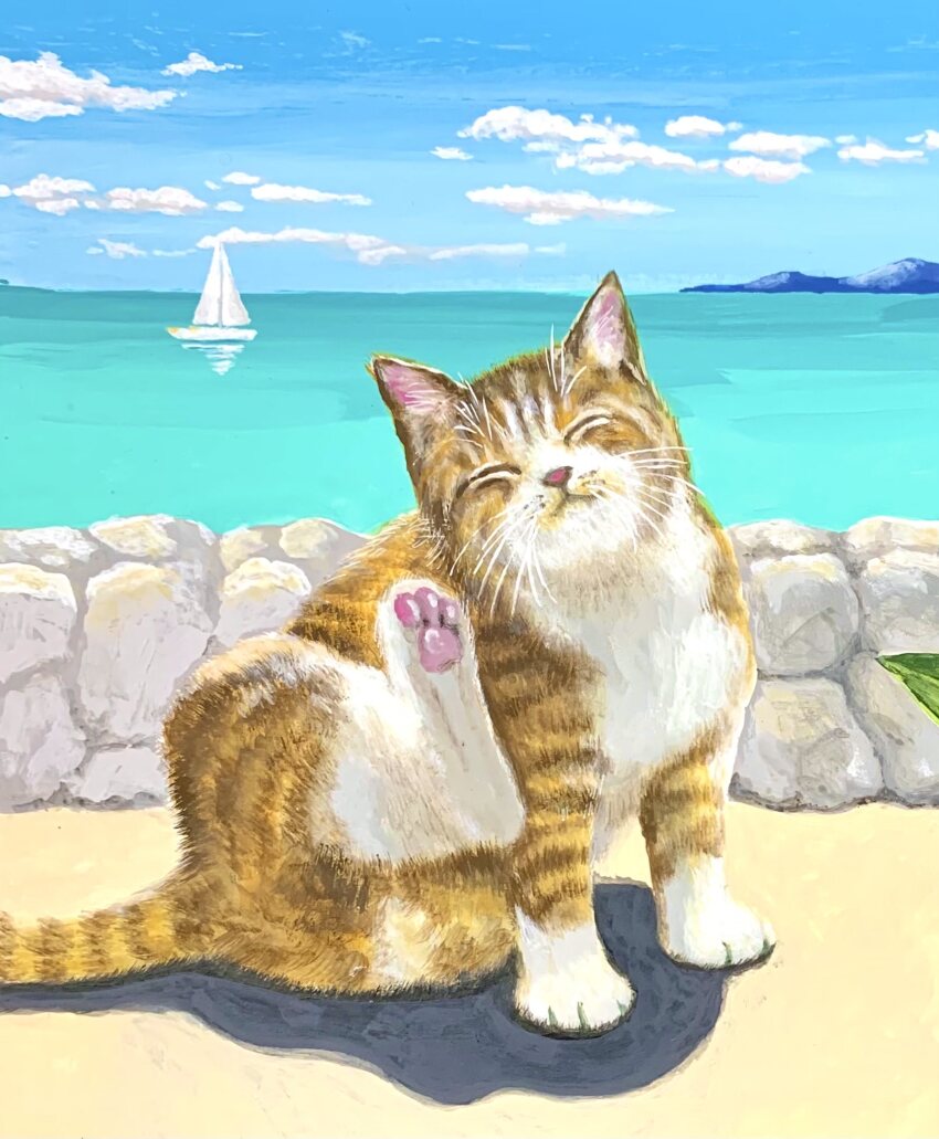 animal, blue_sky, boat, closed_eyes, cloud, cloudy_sky, flower, highres