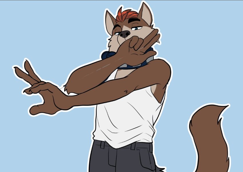 1boy, animal_ears, blue_background, collar, commentary, david_(socially_awkward), english_commentary, furry