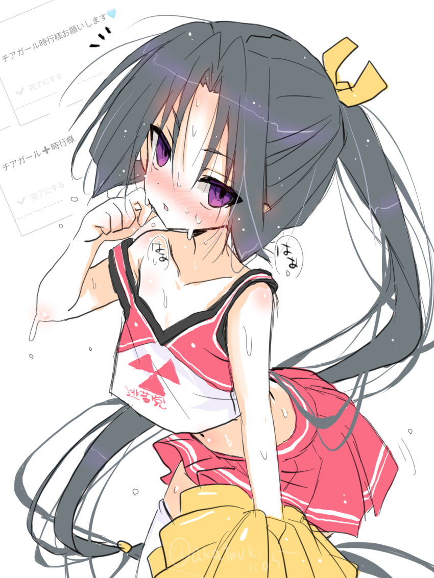 1boy, akatsuki_(ggsy7885), arched_back, armpit_crease, black_hair, blush, cheerleader, collarbone