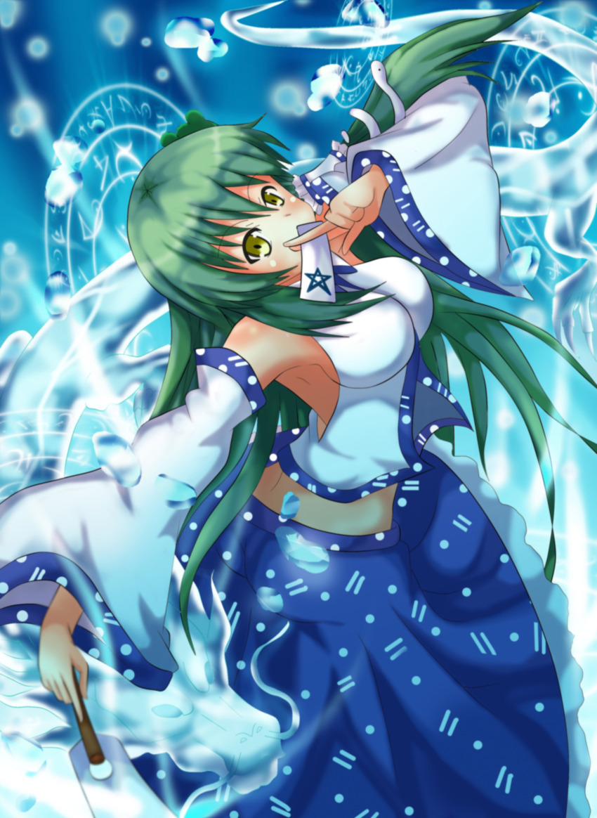 1girl, absurdres, armpits, blue_skirt, breasts, detached_sleeves, green_hair, highres