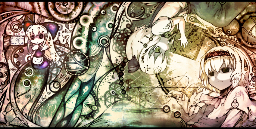 2girls, alice_margatroid, alice_margatroid_(pc-98), bad_id, bad_pixiv_id, female_focus, koohee, letterboxed, light_smile, multiple_girls, mystic_square, shanghai_doll, smile, time_paradox, touhou, touhou_(pc-98), upper_body, aged_down