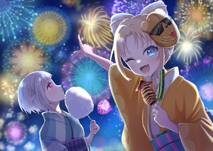 2girls, ;d, absurdres, aerial_fireworks, blonde_hair, blue_eyes, bob_cut, bow-shaped_hair