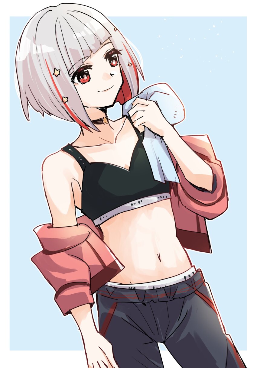 1girl, absurdres, armpit_crease, black_choker, black_sports_bra, blue_background, bob_cut, border, breasts, calvin_klein, choker, closed_mouth, collarbone, colored_inner_hair, cowboy_shot, diagonal_bangs, grey_hair, grey_pants, hair_ornament, highres, inverted_bob, jacket, jacket_partially_removed, kanduki_kamibukuro, link!_like!_love_live!, love_live!, midriff, multicolored_hair, navel, open_clothes, open_jacket, outside_border, panties, pants, red_eyes, red_hair, red_jacket, short_hair, small_breasts, smile, solo, split_mouth, sports_bra, star_(symbol), star_hair_ornament, streaked_hair, underwear, white_border, yugiri_tsuzuri