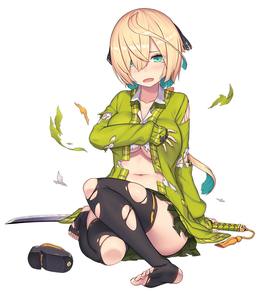 1girl, blonde_hair, blue_eyes, blue_hair, blush, cardigan, fingerless_gloves, geta, gloves, green_cardigan, hair_ribbon, holding, holding_sword, holding_weapon, inaba_gou_(tenka_hyakken), knees_up, miniskirt, multicolored_hair, nidy, okobo, orange_ribbon, personification, platform_sandals, ribbon, sandals, shirt, skirt, sword, tearing_up, tenka_hyakken, thighhighs, toeless_legwear, torn_clothes, torn_shirt, torn_skirt, torn_thighhighs, two-tone_hair, weapon, white_shirt