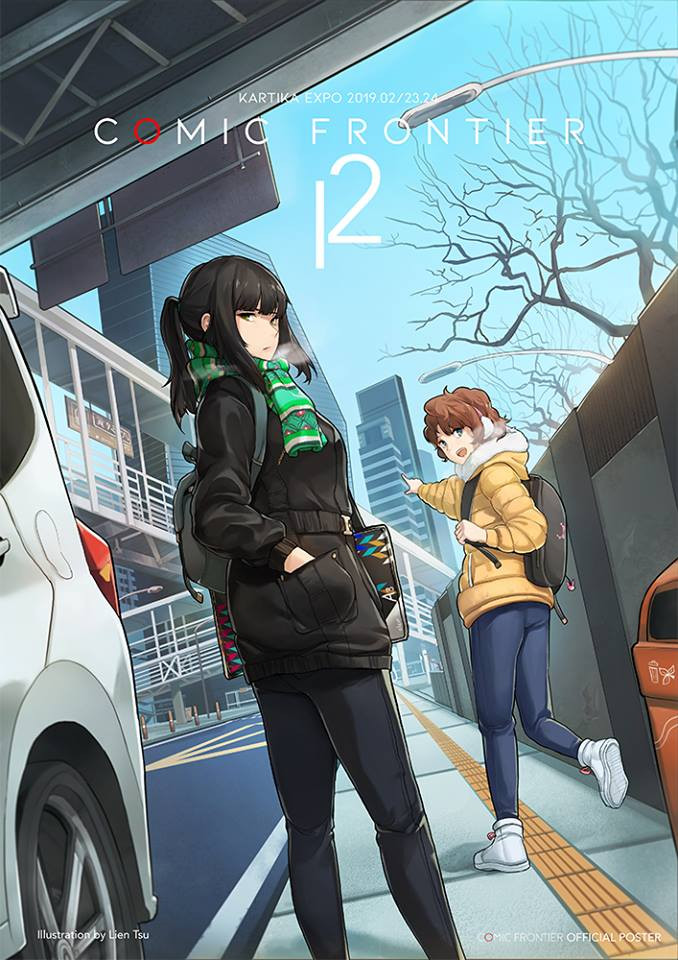 2girls, backpack, bag, bag_charm, bare_tree, black_bag, black_hair, black_jacket