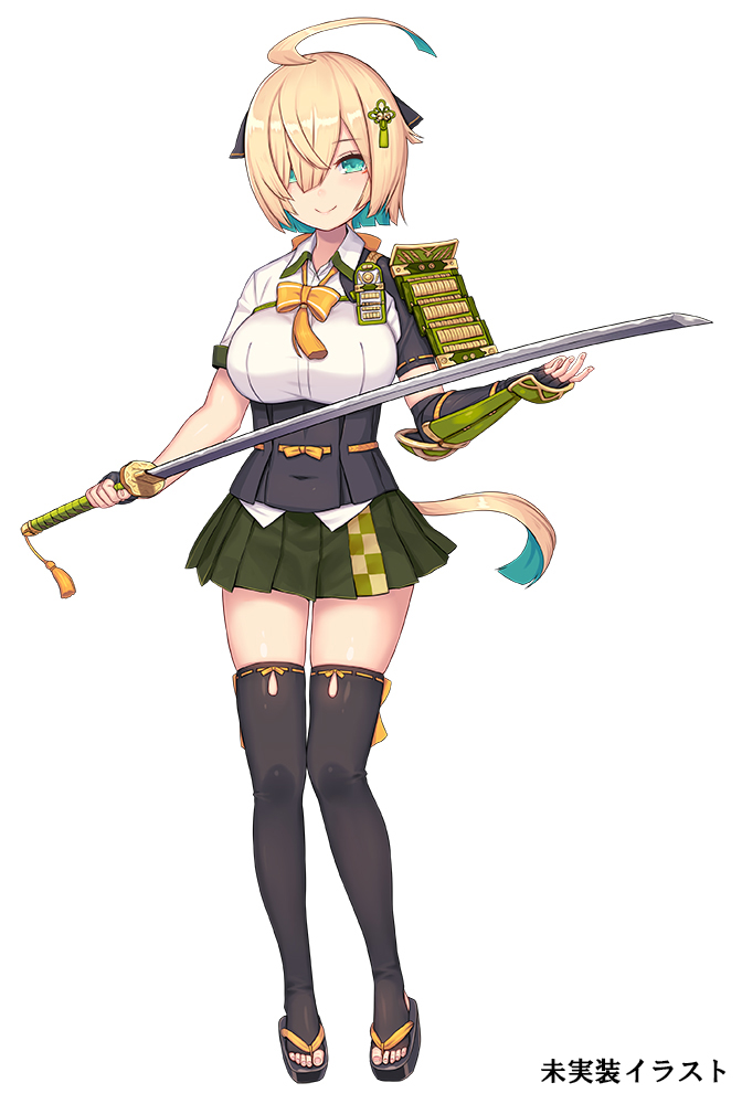 1girl, armor, blonde_hair, blue_eyes, blue_hair, cowlick, detached_sleeves, green_skirt, hair_ornament, holding, holding_sword, holding_weapon, inaba_gou_(tenka_hyakken), japanese_armor, miniskirt, nidy, okobo, orange_ribbon, personification, platform_sandals, ponytail, ribbon, sandals, shirt, skirt, sword, tenka_hyakken, thighhighs, weapon, white_shirt