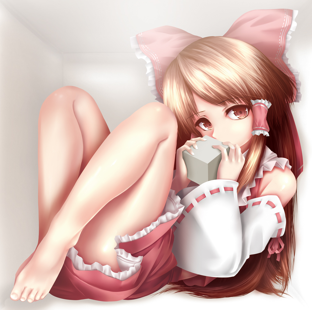 1girl, barefoot, covered_mouth, cube, feet, female_focus, full_body, gradient_background, hakurei_reimu, solo, tamajam, touhou, white_background