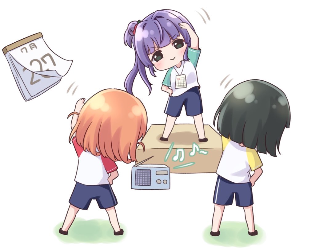 >:), 3girls, :>, aqua_sleeves, arm_up, beamed_eighth_notes, black_hair, blue_shorts