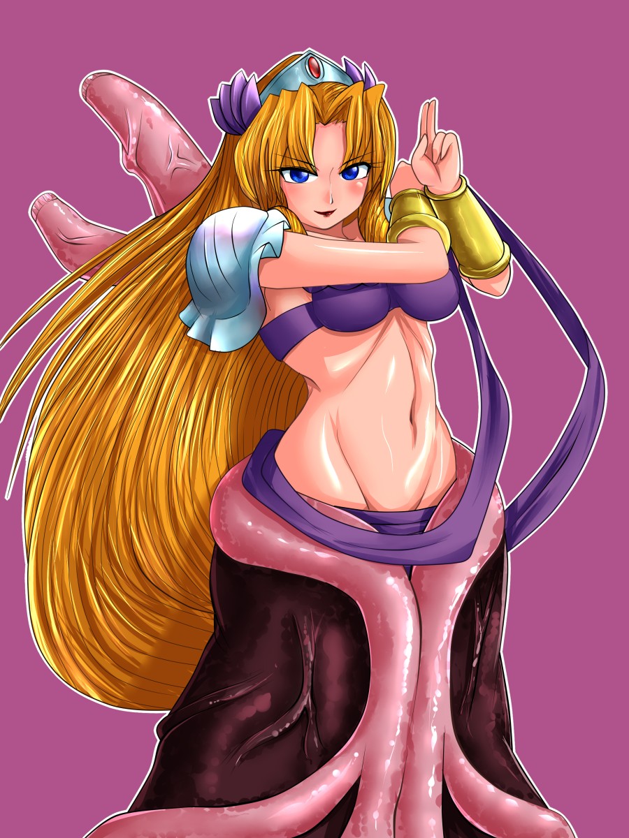 1girl, bad_id, bad_pixiv_id, blonde_hair, blue_eyes, bracer, female_focus, groin, hair_ornament, hairpin, highres, kuma_(kumahoihoi), long_hair, midriff, monster_girl, navel, princess_hamaguri, smile, solo, tengai_makyou, tiara