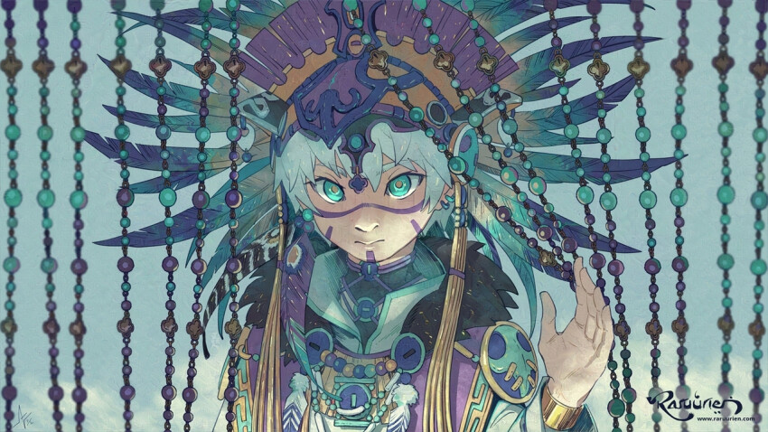 ann_maulina, aztec, bangle, beads, bracelet, collared_dress, dress, earrings, facial_tattoo, feathers, fur_trim, gold_bracelet, green_eyes, headdress, jewelry, long_sleeves, mesoamerican_clothes, o-ring, original, tattoo, traditional_dress, upper_body, white_hair