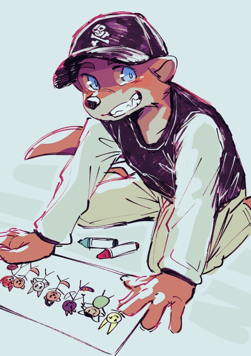 1boy, aged_down, animal_ears, black_hat, blue_eyes, carl_hendricks, chase_hunter, commentary