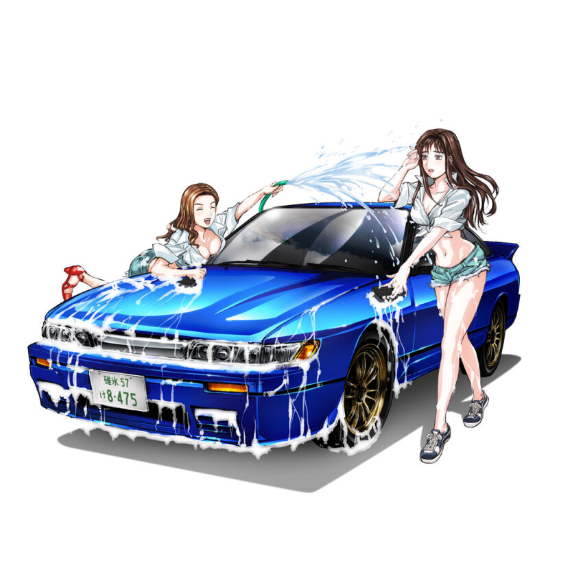 2girls, ^_^, black_footwear, blue_car, breasts, brown_eyes, brown_hair, car