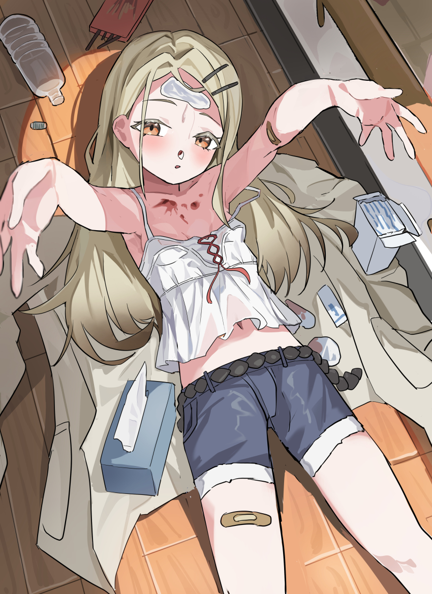 1girl, :o, absurdres, armpits, arms_up, bandaid, bandaid_on_arm, blood, blood_on_chest, blush, bottle, breasts, camisole, carry_me, colored_eyelashes, denim, denim_shorts, food, gakuen_idolmaster, highres, idolmaster, light_brown_hair, looking_at_viewer, lying, navel, on_back, orange_eyes, pocky, robe, rope_belt, roro1515, shinosawa_hiro, short_shorts, shorts, small_breasts, solo, stomach, strap_slip, tissue_in_nose, unworn_robe, water_bottle, white_camisole, white_robe, wooden_floor