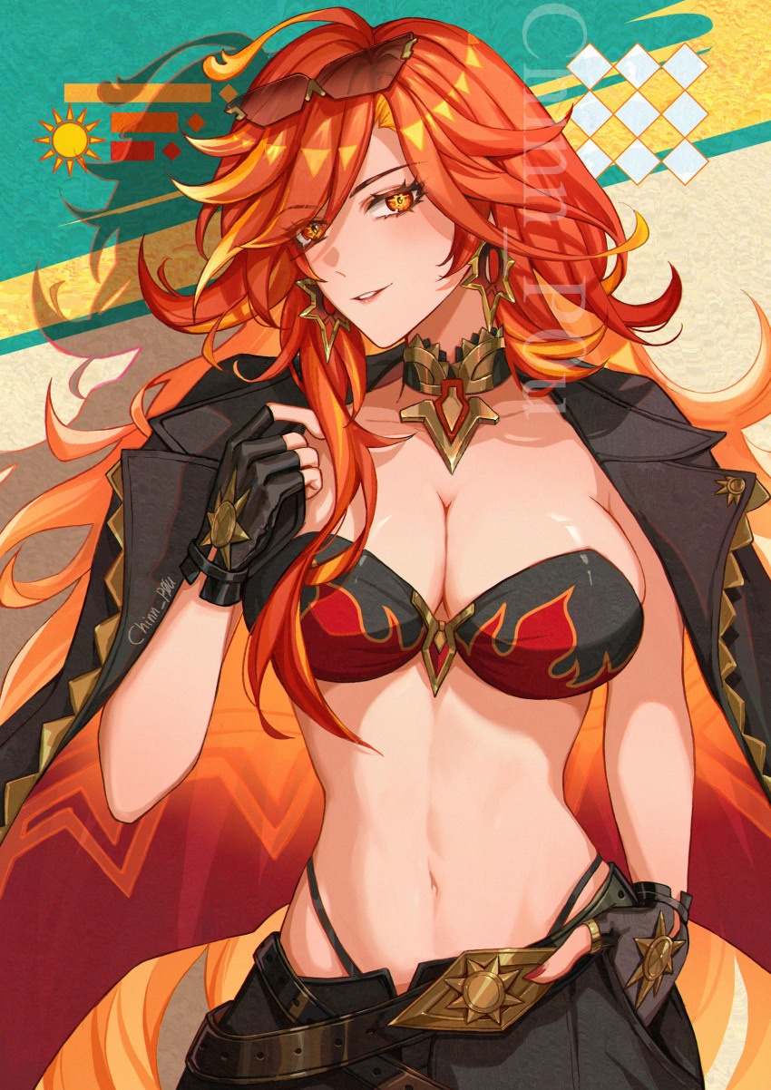 1girl, absurdres, ahoge, alternate_costume, artist_name, black_bra, black_gloves, black_jacket