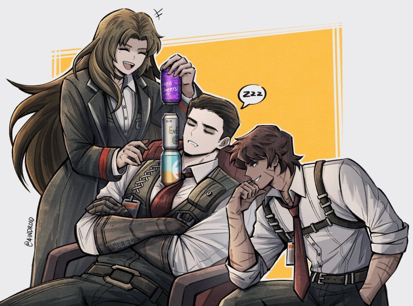 +++, 1girl, 2boys, 4indroid, :d, belt, bepis_(meme), black_coat