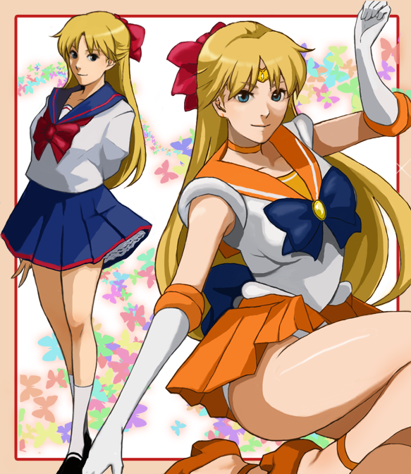 1990s_(style), 1girl, aino_minako, bishoujo_senshi_sailor_moon, blonde_hair, blue_eyes, blue_sailor_collar, blue_skirt, border, bow, bug, butterfly, choker, dual_persona, earrings, elbow_gloves, gloves, hagitotoro, half_updo, insect, jewelry, magical_girl, multiple_views, orange_skirt, panties, pantyshot, red_bow, retro_artstyle, sailor_collar, sailor_senshi_uniform, sailor_venus, school_uniform, serafuku, skirt, tiara, underwear, upskirt, white_gloves