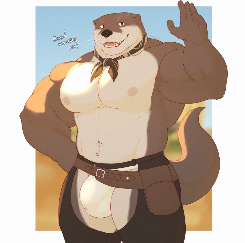 1boy, animal_ears, arm_up, bara, brown_eyes, brown_neckerchief, bulge, chaps