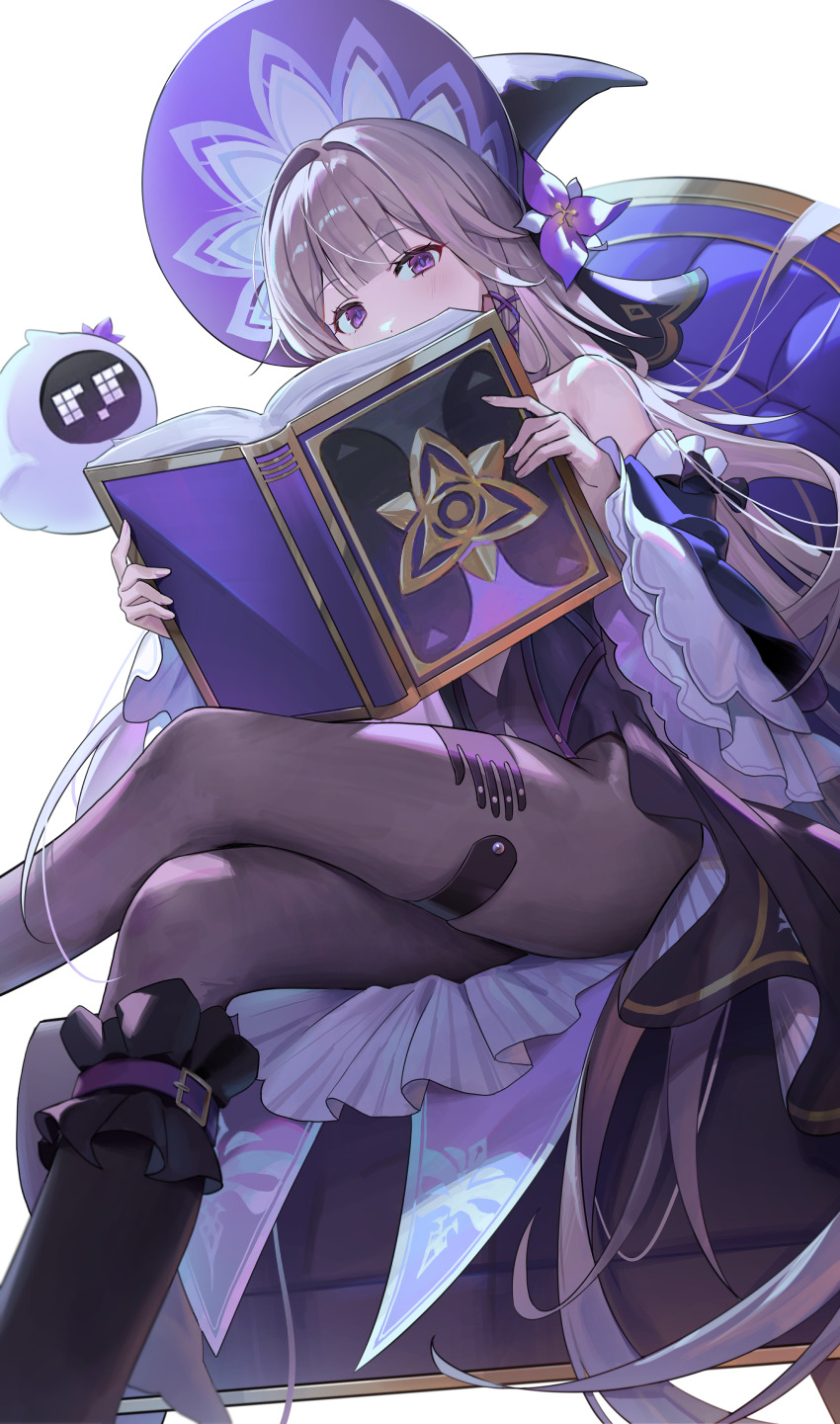 1girl, absurdres, bare_shoulders, black_sleeves, book, chair, commentary, crossed_legs