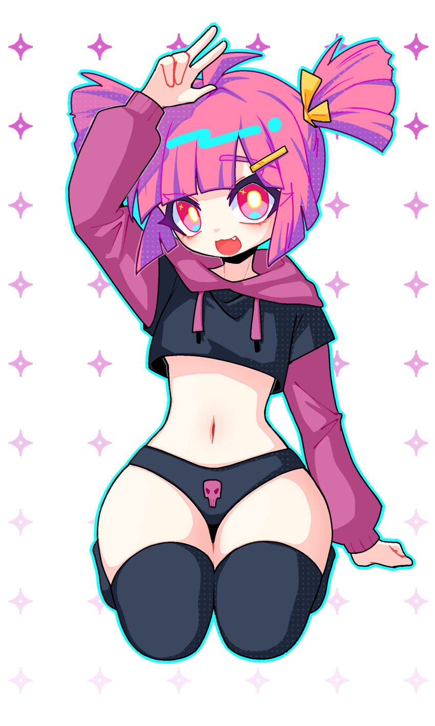 1girl, absurdres, aegyo_sal, ahoge, alternate_costume, arm_up, black_hoodie, black_panties