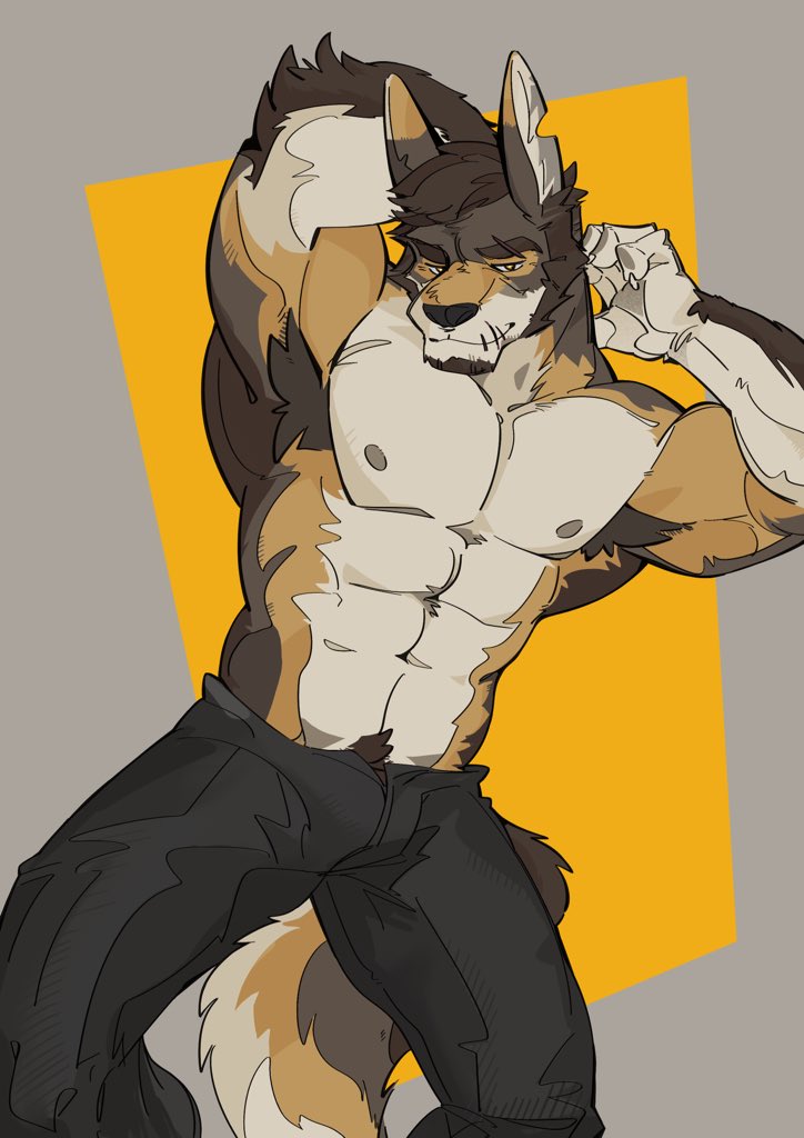 1boy, abs, animal_ears, arm_behind_head, armpits, arms_up, bara, black_pants, bulge, commentary, coyote_boy, echo_project, english_commentary, furry, furry_male, looking_at_viewer, male_focus, milatora1, muscular, muscular_male, navel, nipples, pants, scar, scar_across_eyebrow, scar_on_face, scar_on_mouth, smile, the_smoke_room, topless_male, william_adler_(the_smoke_room), wolf_boy, wolf_ears