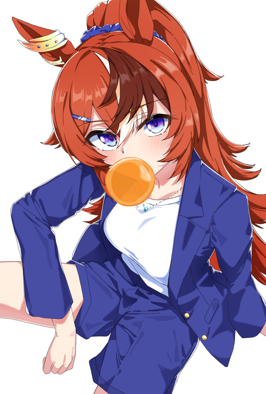 1girl, absurdres, animal_ears, blowing_bubble_gum, blue_eyes, blush, breasts, brown_hair, bubble, bubble_gum_fellow_(casual)_(umamusume), bubble_gum_fellow_(umamusume), casual, chewing_gum, commentary_request, hair_ornament, hairclip, highres, horse_ears, horse_girl, jewelry, looking_at_viewer, medium_breasts, necklace, nerukichikatafukuma, ponytail, shorts, solo, umamusume, white_background