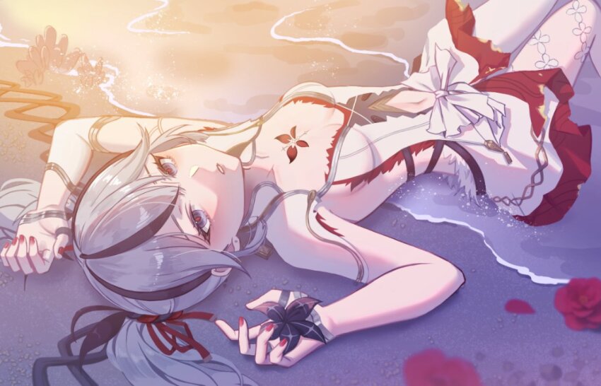 1girl, asymmetrical_clothes, black_eyes, black_flower, black_ribbon, blake_bloom_(wuthering_waves), breasts, camellya_(wuthering_waves)