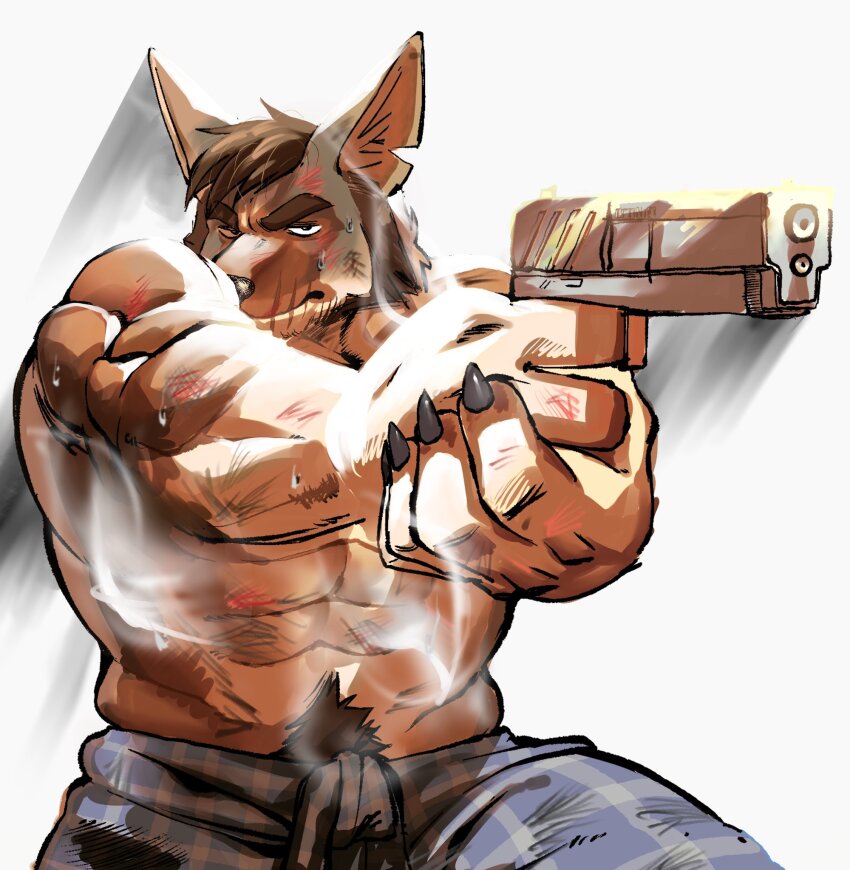 1boy, abs, aiming, animal_ears, bara, black_pants, bruise, bruise_on_arm