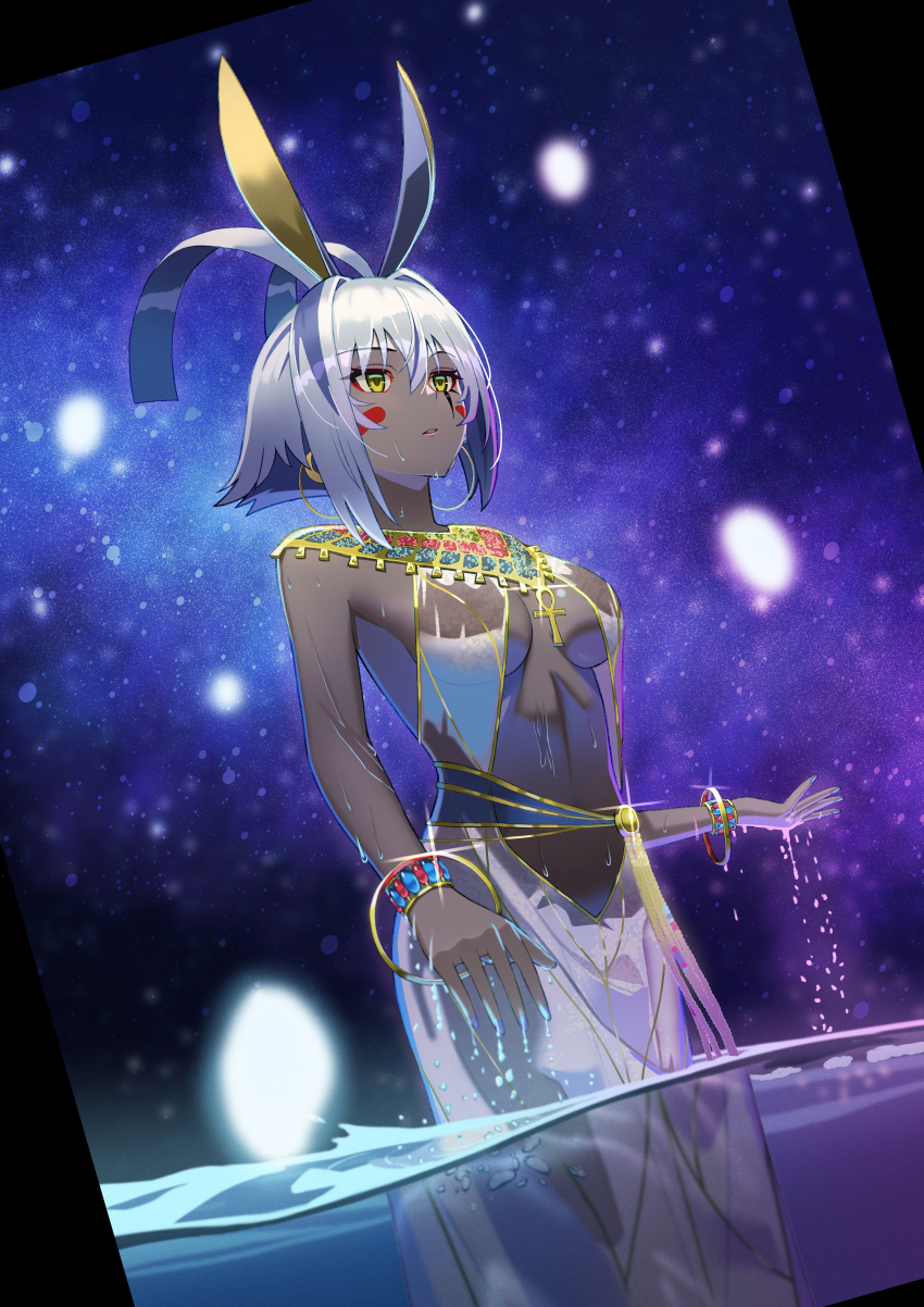 1girl, absurdres, ancient_egyptian, ancient_egyptian_clothes, animal_ears, antenna_hair, bare_shoulders, black_hair