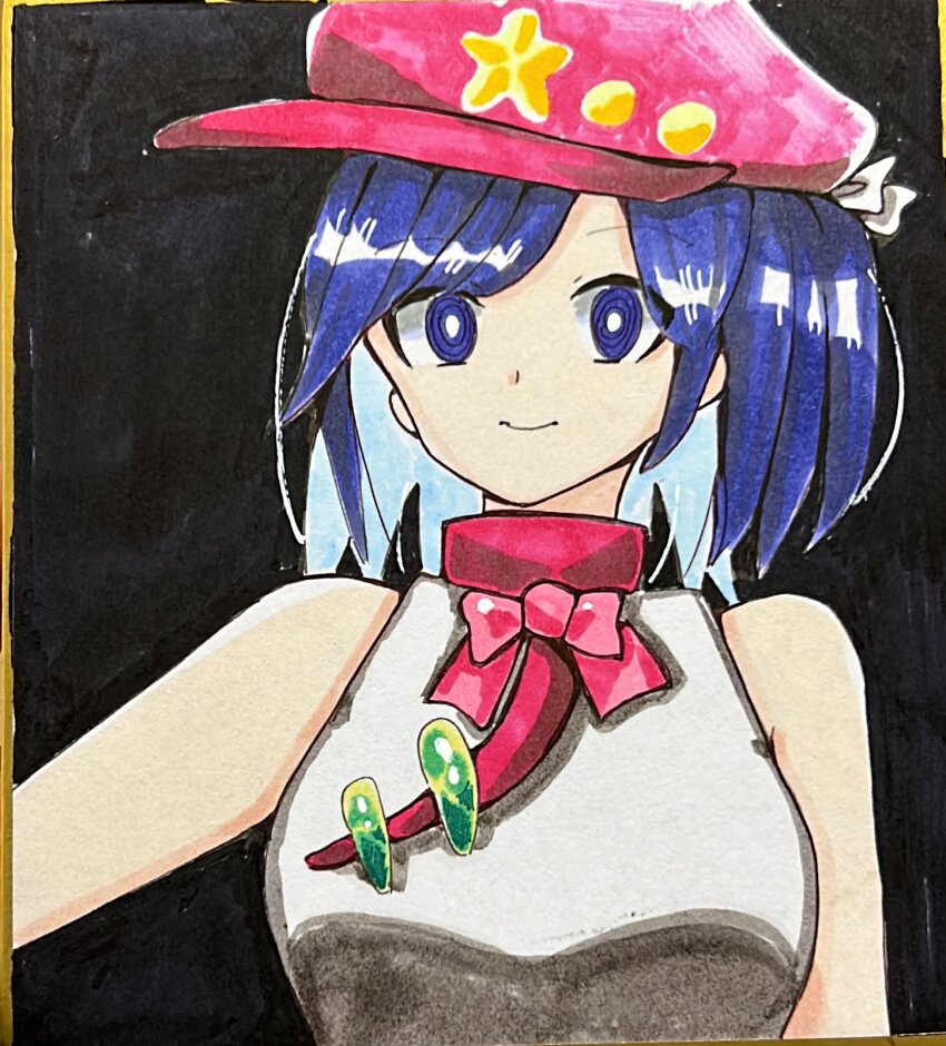 1girl, alternate_hairstyle, black_background, blue_eyes, blue_hair, bow, bowtie, breasts, newsboy_cap, closed_mouth, commentary_request, hair_ornament, happy, hat, highres, label_girl_(dipp), liliecstyle, looking_at_viewer, mandarin_collar, medium_breasts, red_bow, red_bowtie, red_hat, shirt, sleeveless, smile, solo, star_(symbol), star_hair_ornament, touhou, traditional_media, white_shirt